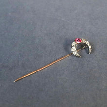 Load image into Gallery viewer, Antique crescent moon pin with diamonds &amp; spinel in 14ct gold
