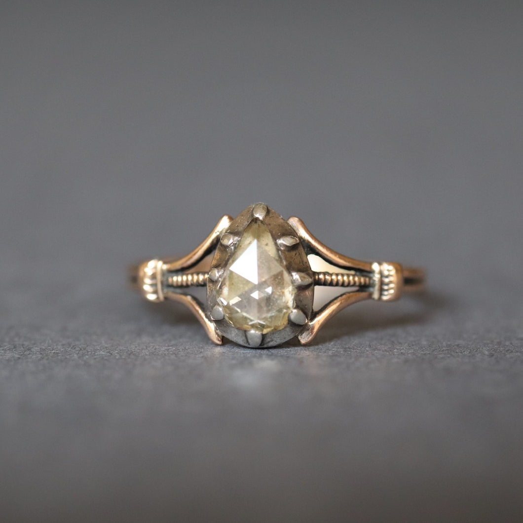 Georgian diamond ring. Antique diamond ring. Antique pear cut diamond ring. Georgian pear cut diamond ring. Antique rose cut diamond ring. Georgian rose cut diamond ring. Antique foiled diamond ring. Antique foil back ring. Georgian foiled ring. Georgian foil back ring. Cut down collet ring. Pie crust ring.