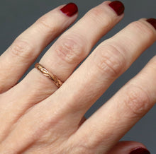 Load image into Gallery viewer, Laurel leaf band in 14ct rose gold. Laurel leaf for victory of triumph. Thin rose gold stacking ring. Rose gold ring with floral engraving. Gold ring with leaf design.
