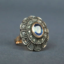 Load image into Gallery viewer, Vintage cocktail ring with sapphire (0.6ct) &amp; diamonds in 12ct gold
