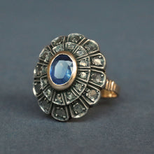 Load image into Gallery viewer, Vintage cocktail ring with sapphire (0.6ct) &amp; diamonds in 12ct gold
