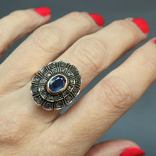 Load image into Gallery viewer, Vintage cocktail ring with sapphire (0.6ct) &amp; diamonds in 12ct gold
