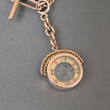 Load image into Gallery viewer, Antique trombone link watch chain in 9ct gold with compass (15.4&quot;/39cm)
