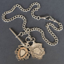 Load image into Gallery viewer, Antique watch chain. Antique Albert chain. Double Albert chain. Silver Albert chain. Sterling silver watch chain. Silver watch chain. Curb link chain. Curb link silver chain. Antique curb link chain. T-bar fob. Antique medals. Shield fobs. Double dog clips. Double lobster claw. Lobster claw clasp. Floating fob.
