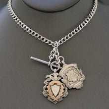 Load image into Gallery viewer, Antique watch chain. Antique Albert chain. Double Albert chain. Silver Albert chain. Sterling silver watch chain. Silver watch chain. Curb link chain. Curb link silver chain. Antique curb link chain. T-bar fob. Antique medals. Shield fobs. Double dog clips. Double lobster claw. Lobster claw clasp. Floating fob.
