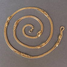 Load image into Gallery viewer, Long guard chain. Antique chain. Antique gold chain. Muff chain. Antique guard chain. Fancy link chain. Antique fancy link chain. Pierced link chain. Antique pierced link chain. Swivel clasp. Lobster clasp. Gold dog clip. Antique dog clip.  Station link chain. Station chain.
