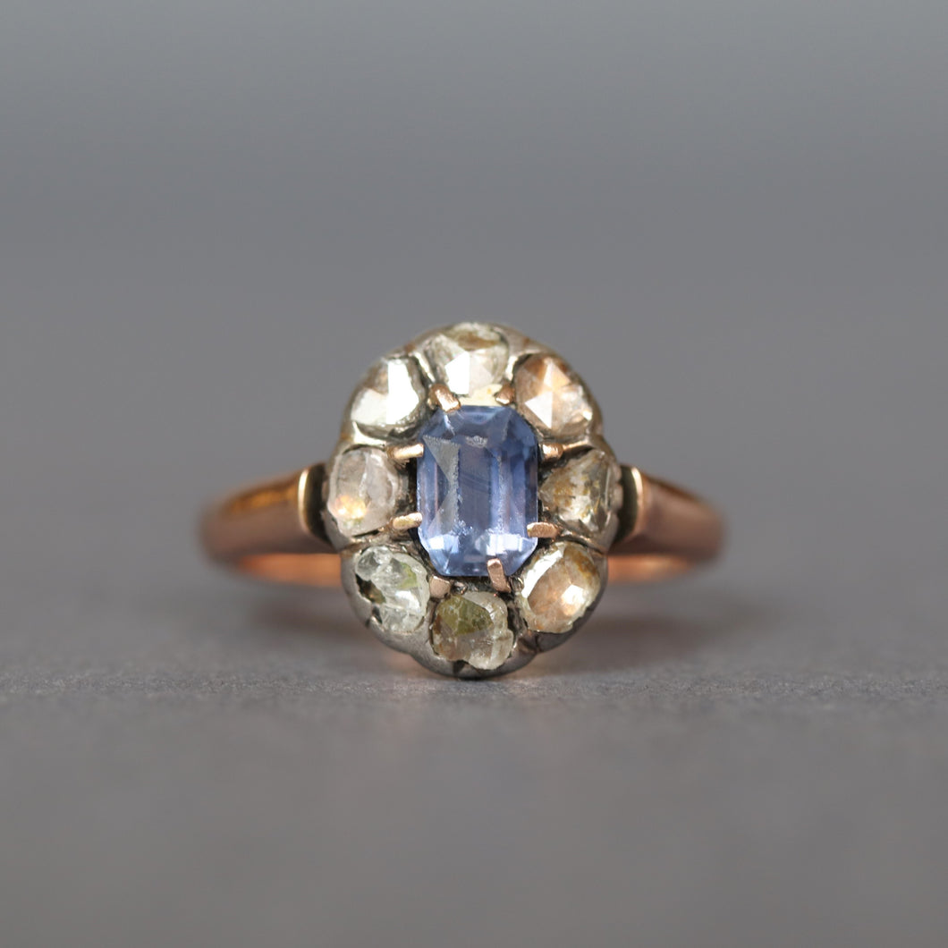 Antique sapphire ring. Antique cluster ring. Antique halo ring. Blue sapphire ring. Antique diamond halo ring. Antique diamond cluster ring.