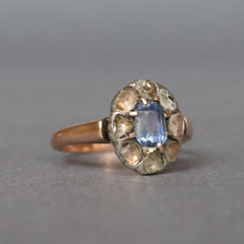 Load image into Gallery viewer, Antique blue sapphire (0.8ct) &amp; diamond cluster ring in 9ct gold
