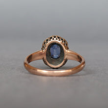 Load image into Gallery viewer, Antique blue sapphire (0.8ct) &amp; diamond cluster ring in 9ct gold
