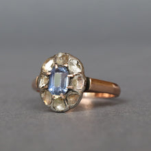 Load image into Gallery viewer, Antique blue sapphire (0.8ct) &amp; diamond cluster ring in 9ct gold
