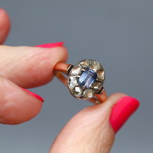 Load image into Gallery viewer, Antique sapphire ring. Antique cluster ring. Antique halo ring. Blue sapphire ring. Antique diamond halo ring. Antique diamond cluster ring.
