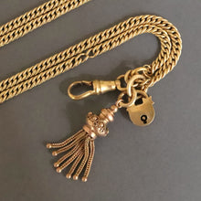 Load image into Gallery viewer, Antique pinchbeck long guard chain with clasp, padlock &amp; tassel (57&quot;/146cm)
