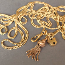 Load image into Gallery viewer, Antique pinchbeck long guard chain with clasp, padlock &amp; tassel (57&quot;/146cm)
