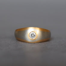 Load image into Gallery viewer, Minimalist ring. Modernist ring. Diamond solitaire ring. Minimalist engagement ring. Modernist engagement ring. Diamond solitaire engagement ring. Bezel set diamond ring. Brilliant cut diamond ring. Platinum solitaire ring. Two tone metal ring. Two tone diamond ring. Two tone metal ring. Brushed metal ring. Brushed platinum ring. Brushed gold ring.
