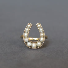 Load image into Gallery viewer, Horseshoe ring. Lucky horseshoe ring. Lucky horseshoe. Vintage horseshoe ring. Vintage pearl ring. Pearl horseshoe ring. Gold horseshoe ring. Lucky ring. Good luck ring. Good luck jewellery. Good luck jewelry. Large horseshoe ring.
