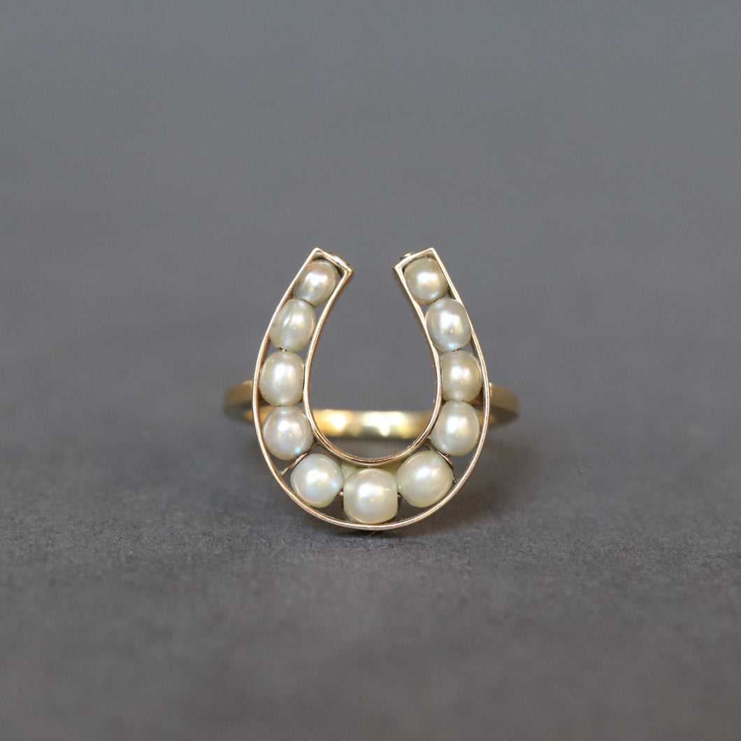 Horseshoe ring. Lucky horseshoe ring. Lucky horseshoe. Vintage horseshoe ring. Vintage pearl ring. Pearl horseshoe ring. Gold horseshoe ring. Lucky ring. Good luck ring. Good luck jewellery. Good luck jewelry. Large horseshoe ring.