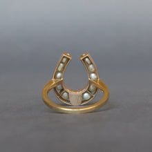 Load image into Gallery viewer, Vintage pearl lucky horseshoe ring in 14ct gold
