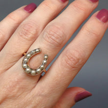 Load image into Gallery viewer, Horseshoe ring. Lucky horseshoe ring. Lucky horseshoe. Vintage horseshoe ring. Vintage pearl ring. Pearl horseshoe ring. Gold horseshoe ring. Lucky ring. Good luck ring. Good luck jewellery. Good luck jewelry. Large horseshoe ring.
