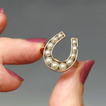 Load image into Gallery viewer, Horseshoe ring. Lucky horseshoe ring. Lucky horseshoe. Vintage horseshoe ring. Vintage pearl ring. Pearl horseshoe ring. Gold horseshoe ring. Lucky ring. Good luck ring. Good luck jewellery. Good luck jewelry. Large horseshoe ring.
