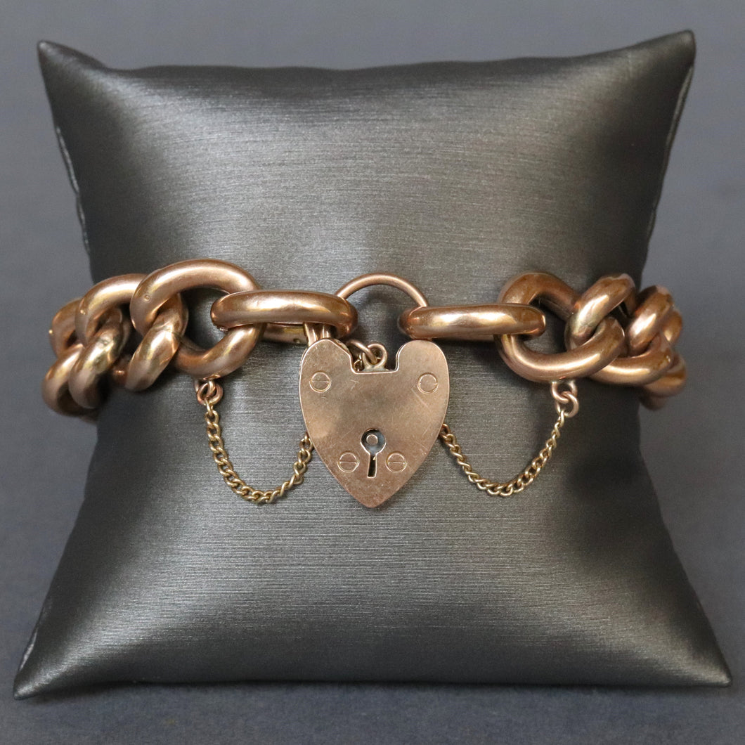 Antique chunky curb link bracelet with heart padlock in 9ct gold