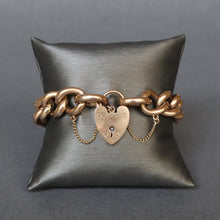 Load image into Gallery viewer, Antique gold bracelet. Antique curb link bracelet. Curb link bracelet. Chunky gold bracelet. Antique chunky gold bracelet. Heart padlock bracelet. Heart padlock. Padlock bracelet. Hollow link gold bracelet. 
