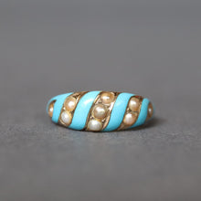 Load image into Gallery viewer, Antique ribbon ring. Blue enamel ribbon ring. Antique blue enamel ribbon ring. Victorian ribbon ring. Victorian blue enamel ring. Antique blue enamel ring. Antique enamel and pearl ring. Victorian enamel and pearl ring. Robin&#39;s egg blue enamel ring. Antique tiffany blue enamel ring. Victorian tiffany blue enamel ring.
