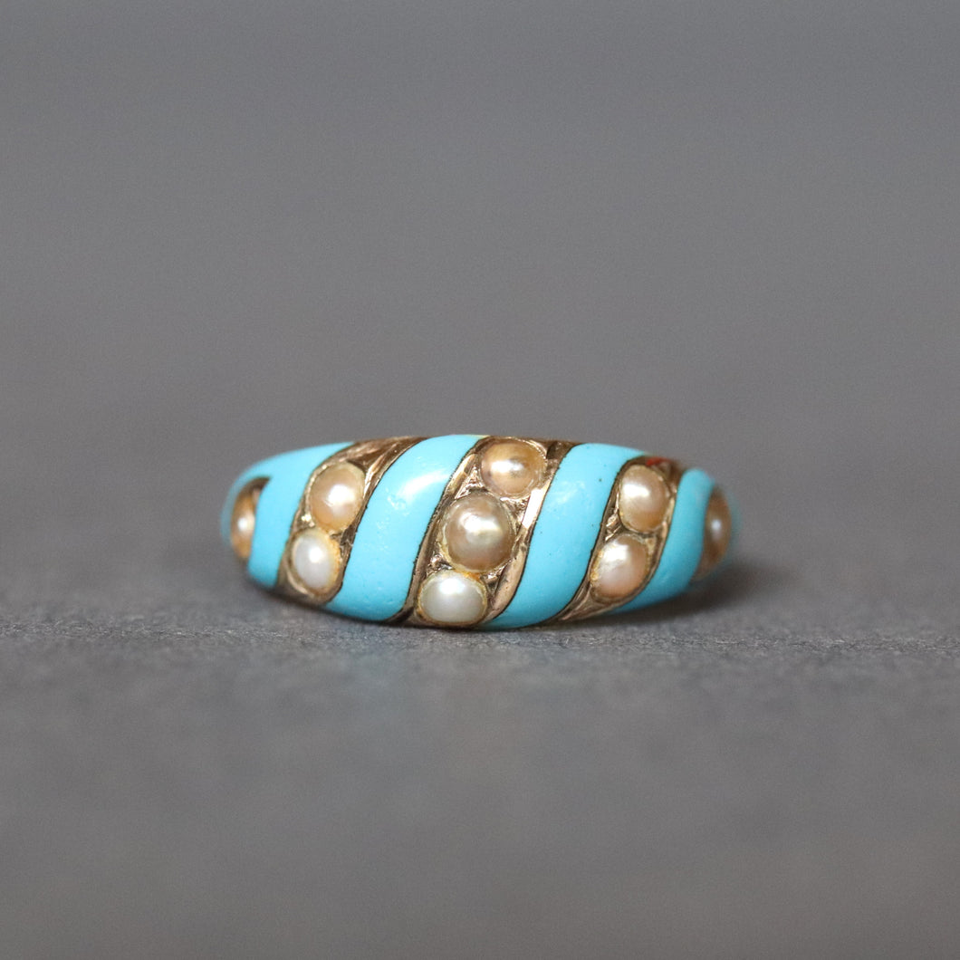 Antique ribbon ring. Blue enamel ribbon ring. Antique blue enamel ribbon ring. Victorian ribbon ring. Victorian blue enamel ring. Antique blue enamel ring. Antique enamel and pearl ring. Victorian enamel and pearl ring. Robin's egg blue enamel ring. Antique tiffany blue enamel ring. Victorian tiffany blue enamel ring.