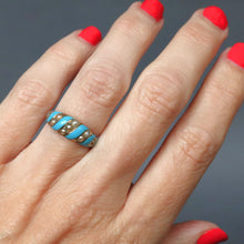 Load image into Gallery viewer, Antique ribbon ring. Blue enamel ribbon ring. Antique blue enamel ribbon ring. Victorian ribbon ring. Victorian blue enamel ring. Antique blue enamel ring. Antique enamel and pearl ring. Victorian enamel and pearl ring. Robin&#39;s egg blue enamel ring. Antique tiffany blue enamel ring. Victorian tiffany blue enamel ring.
