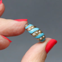 Load image into Gallery viewer, Antique ribbon ring. Blue enamel ribbon ring. Antique blue enamel ribbon ring. Victorian ribbon ring. Victorian blue enamel ring. Antique blue enamel ring. Antique enamel and pearl ring. Victorian enamel and pearl ring. Robin&#39;s egg blue enamel ring. Antique tiffany blue enamel ring. Victorian tiffany blue enamel ring.
