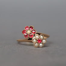 Load image into Gallery viewer, Antique toi et moi ring. Antique you and me ring. Antique garnet and pearl ring. Antique double cluster ring. Antique cluster ring. Antique flower ring. Antique daisy ring. Romantic ring. Valentine&#39;s Day ring. Valentine&#39;s Day jewellery jewelry. Anniversary ring.
