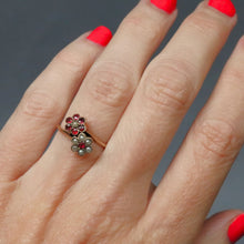 Load image into Gallery viewer, Antique toi et moi ring. Antique you and me ring. Antique garnet and pearl ring. Antique double cluster ring. Antique cluster ring. Antique flower ring. Antique daisy ring. Romantic ring. Valentine&#39;s Day ring. Valentine&#39;s Day jewellery jewelry. Anniversary ring.
