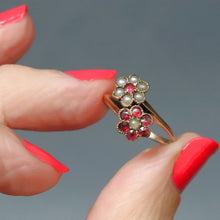 Load image into Gallery viewer, Antique toi et moi ring. Antique you and me ring. Antique garnet and pearl ring. Antique double cluster ring. Antique cluster ring. Antique flower ring. Antique daisy ring. Romantic ring. Valentine&#39;s Day ring. Valentine&#39;s Day jewellery jewelry. Anniversary ring.
