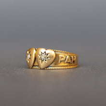 Load image into Gallery viewer, Antique double heart &#39;mizpah&#39; ring with diamonds in 18ct gold
