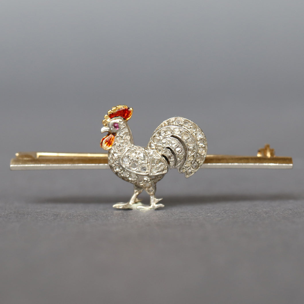 Cockerel brooch. Rooster brooch. Chicken brooch. Antique cockerel brooch. Diamond cockerel brooch. Edwardian cockerel brooch. Cockerel bar brooch. Enamel cockerel brooch. Antique rooster brooch. Antique chicken brooch. Antique figural brooch. Antique tie pin. Figural tie pin.