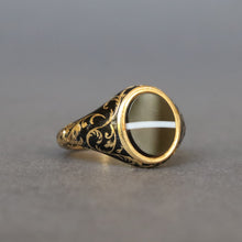 Load image into Gallery viewer, Antique mourning ring. Victorian mourning ring. Banded agate ring. Victorian banded agate ring. Antique banded agate ring. Sardonyx ring. Black enamel ring. Antique black enamel ring. Victorian black enamel ring.
