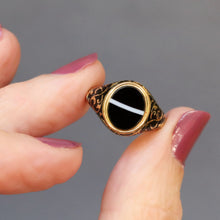 Load image into Gallery viewer, Antique mourning ring. Victorian mourning ring. Banded agate ring. Victorian banded agate ring. Antique banded agate ring. Sardonyx ring. Black enamel ring. Antique black enamel ring. Victorian black enamel ring.
