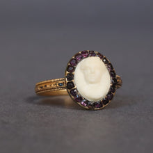 Load image into Gallery viewer, Antique Georgian mourning ring with marble cameo &amp; amethysts in 18ct gold
