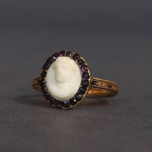 Load image into Gallery viewer, Antique Georgian mourning ring with marble cameo &amp; amethysts in 18ct gold
