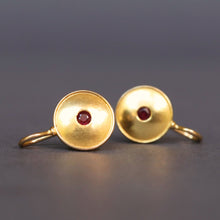 Load image into Gallery viewer, Vintage gold earrings. Disc earrings Round gold earrings. Vintage disc earrings. Gold and ruby earrings. Ruby earrings. Vintage ruby earrings. Boob earrings. Vintage drop earrings. Drop earrings. Gold drop earrings. 
