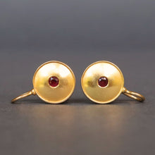 Load image into Gallery viewer, Vintage gold earrings. Disc earrings Round gold earrings. Vintage disc earrings. Gold and ruby earrings. Ruby earrings. Vintage ruby earrings. Boob earrings. Vintage drop earrings. Drop earrings. Gold drop earrings.
