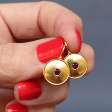 Load image into Gallery viewer, Vintage gold earrings. Disc earrings Round gold earrings. Vintage disc earrings. Gold and ruby earrings. Ruby earrings. Vintage ruby earrings. Boob earrings. Vintage drop earrings. Drop earrings. Gold drop earrings.
