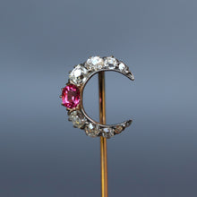 Load image into Gallery viewer, Antique crescent moon pin with diamonds &amp; spinel in 14ct gold
