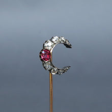 Load image into Gallery viewer, Antique crescent moon pin with diamonds &amp; spinel in 14ct gold
