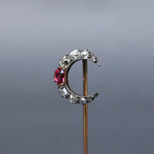 Load image into Gallery viewer, Antique crescent moon pin with diamonds &amp; spinel in 14ct gold
