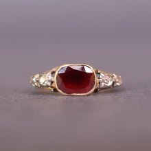 Load image into Gallery viewer, Antique Georgian ring. Flat cut garnet ring. Georgian ring. Georgian garnet ring. Rococo ring. Antique rococo ring. Antique garnet and diamond ring. Georgian garnet and diamond ring. Cusion cut garnet. Foil back ring. Foil back garnet ring. Foiled back garnet ring. Foiled back ring. Rayed butt.
