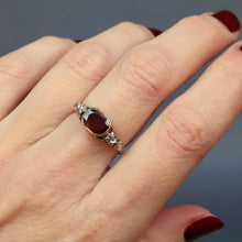 Load image into Gallery viewer, Antique Georgian ring. Flat cut garnet ring. Georgian ring. Georgian garnet ring. Rococo ring. Antique rococo ring. Antique garnet and diamond ring. Georgian garnet and diamond ring. Cusion cut garnet. Foil back ring. Foil back garnet ring. Foiled back garnet ring. Foiled back ring. Rayed butt.
