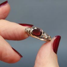 Load image into Gallery viewer, Antique Georgian ring. Flat cut garnet ring. Georgian ring. Georgian garnet ring. Rococo ring. Antique rococo ring. Antique garnet and diamond ring. Georgian garnet and diamond ring. Cusion cut garnet. Foil back ring. Foil back garnet ring. Foiled back garnet ring. Foiled back ring. Rayed butt.
