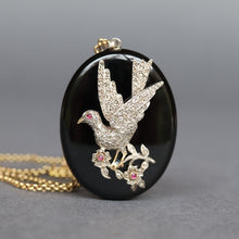 Load image into Gallery viewer, Dove locket. Diamond bird locket. Diamond dove locket. Dove mourning locket. Mourning locket. Black enamel locket. Victorian mourning locket. Antique mourning locket. Antique locket. Figural locket. Monogram locket. ME initials. EM initials. Oval locket. Antique diamond locket. Diamond pendant. Antique diamond pendant.
