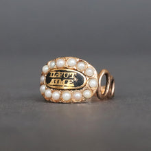 Load image into Gallery viewer, Antique mourning ring. Antique memorial ring. Georgian mourning ring. Georgian memorial ring. If fut amie. Pearl halo ring. Black enamel ring. Mourning pinky ring. Antique pinky ring. He was loved.
