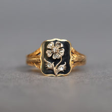 Load image into Gallery viewer, Antique pansy ring. Antique flower ring. Diamond flower ring. Diamond pansy ring. Victorian flower ring. Victorian pansy ring. Black enamel ring. Antique enamel flower ring.
